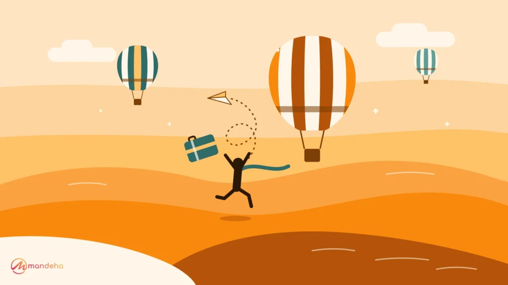 Illustration of a traveller leaping over golden desert dunes with a suitcase in the air as hot air balloons rise, capturing the excitement of impulse travel.