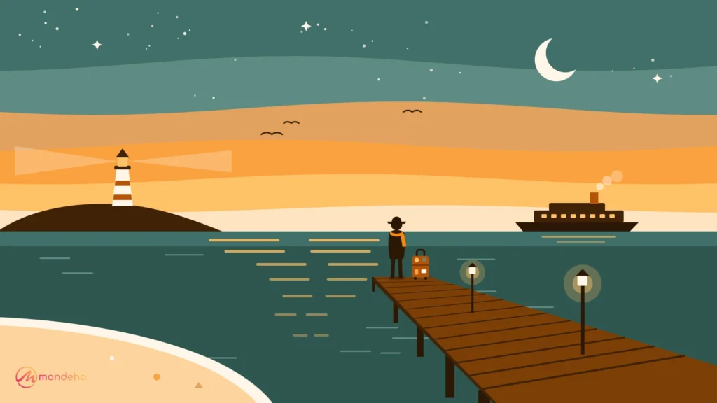 A traveller with a sticker covered suitcase stands at the end of a lamp lit wooden pier at dusk, watching a ferry on the horizon as a lighthouse glows nearby.