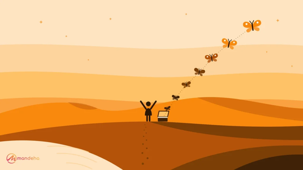 Illustration of a traveller with arms raised on a desert dune at dusk, as seven butterflies rise from an open suitcase, showing how travel changes your personality.