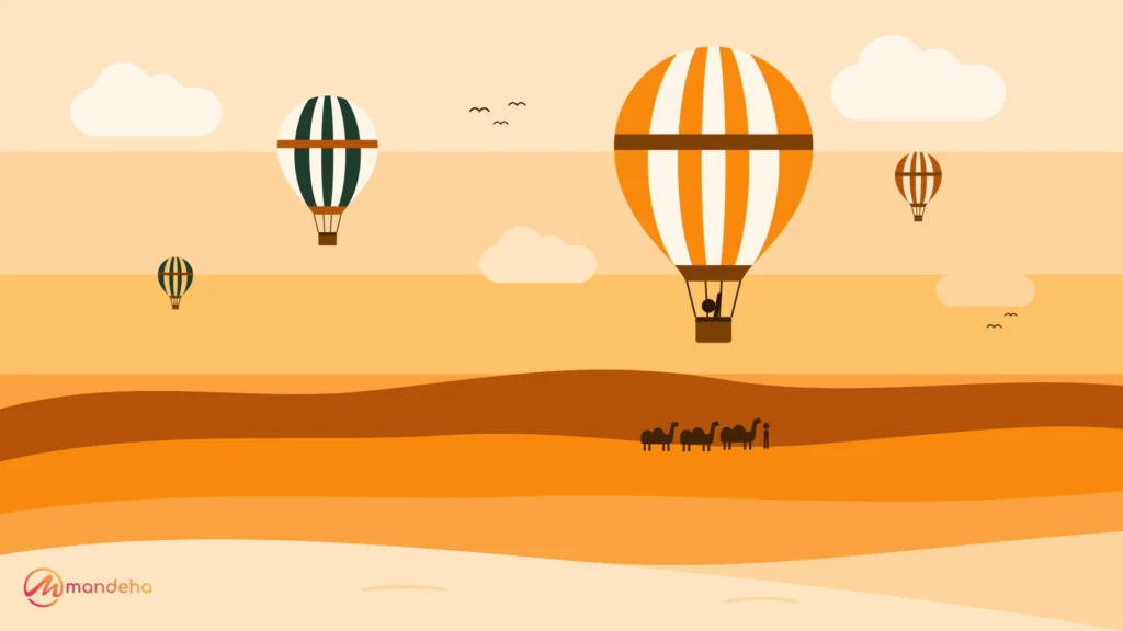 Striped hot air balloons rise over golden desert dunes while a small camel caravan crosses the sands, capturing the spirit of travel motivation.