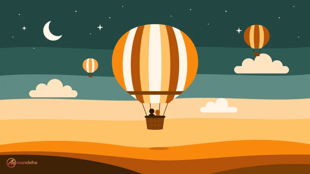 Illustration of a couple sharing a hot air balloon ride at twilight over desert dunes, capturing the closeness at the heart of couples travel psychology.