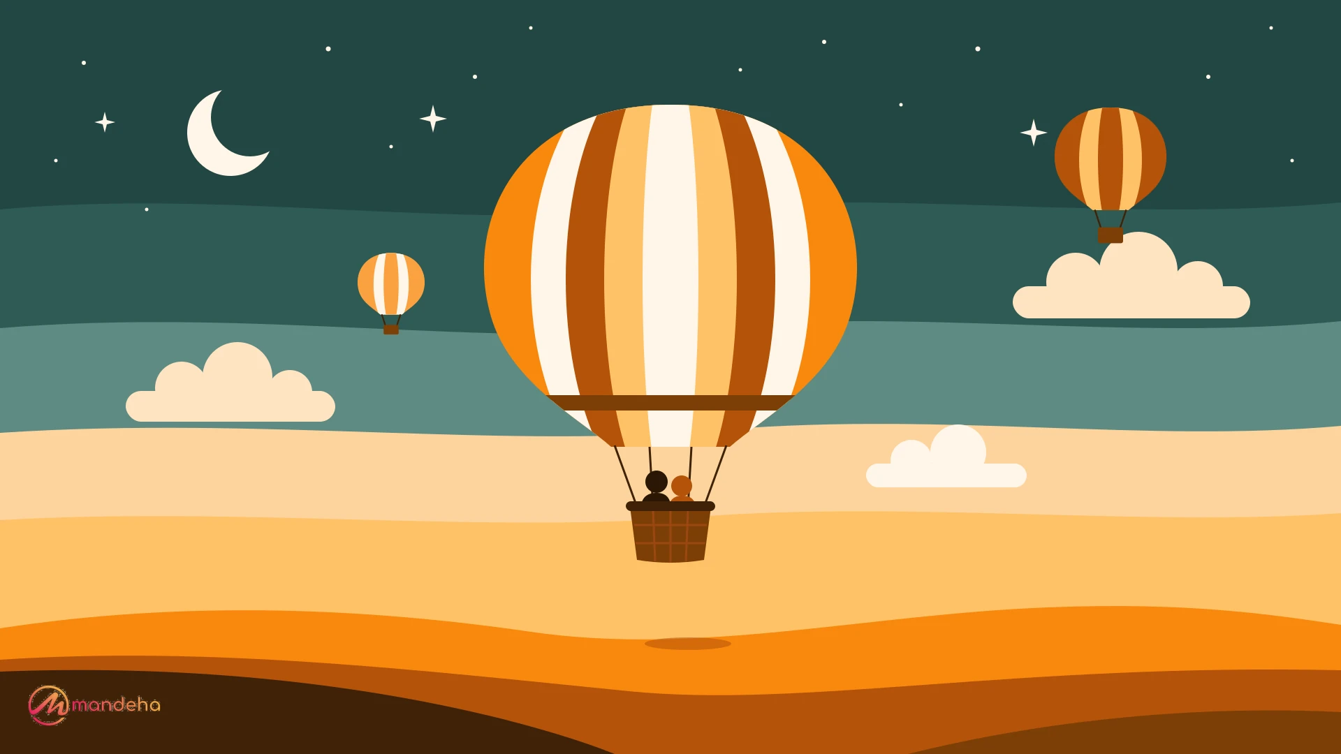 Illustration of a couple sharing a hot air balloon ride at twilight over desert dunes, capturing the closeness at the heart of couples travel psychology.