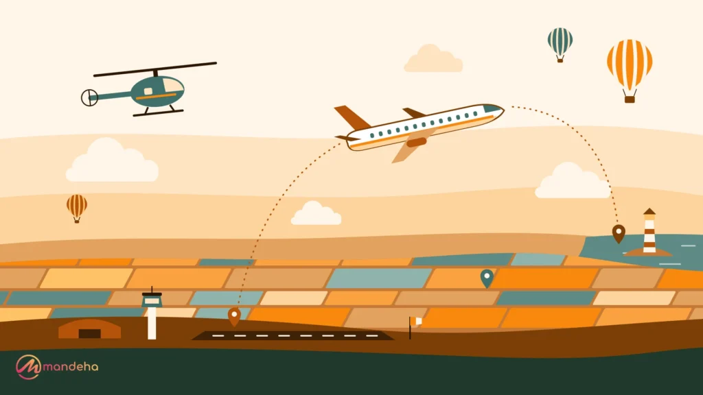 A passenger plane climbs from a small airstrip over patchwork fields, with a helicopter, hot air balloons, a coastal lighthouse and dotted routes linking map pins, showing the many ways to explore your own country.