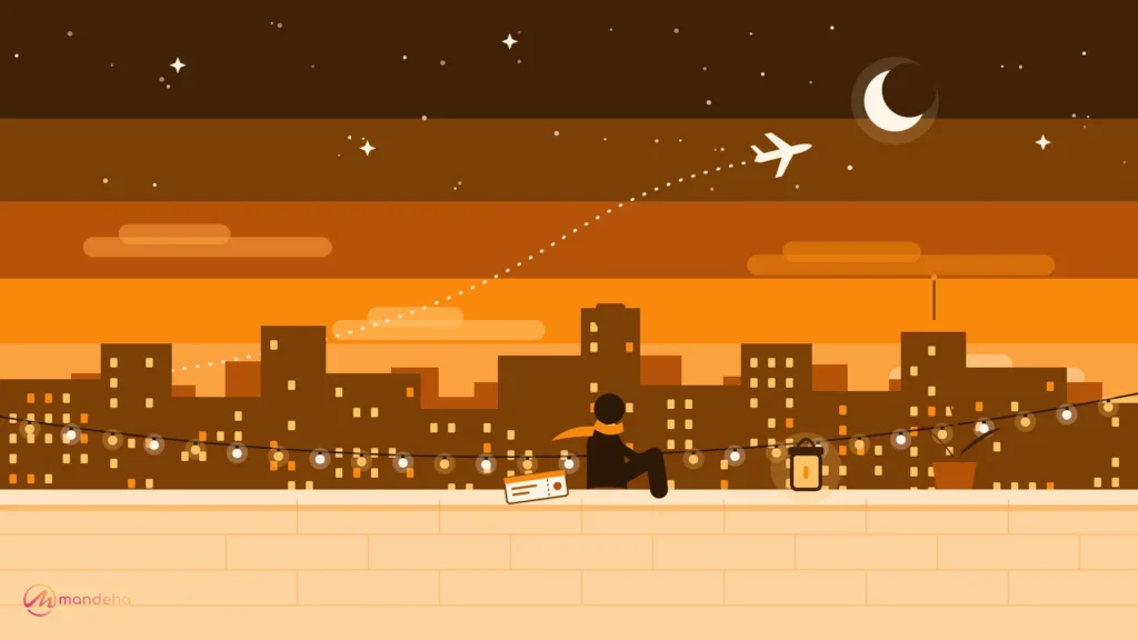 A traveller sits on a city rooftop at dusk under string lights, watching a plane cross the sky, capturing the feeling of post travel blues.