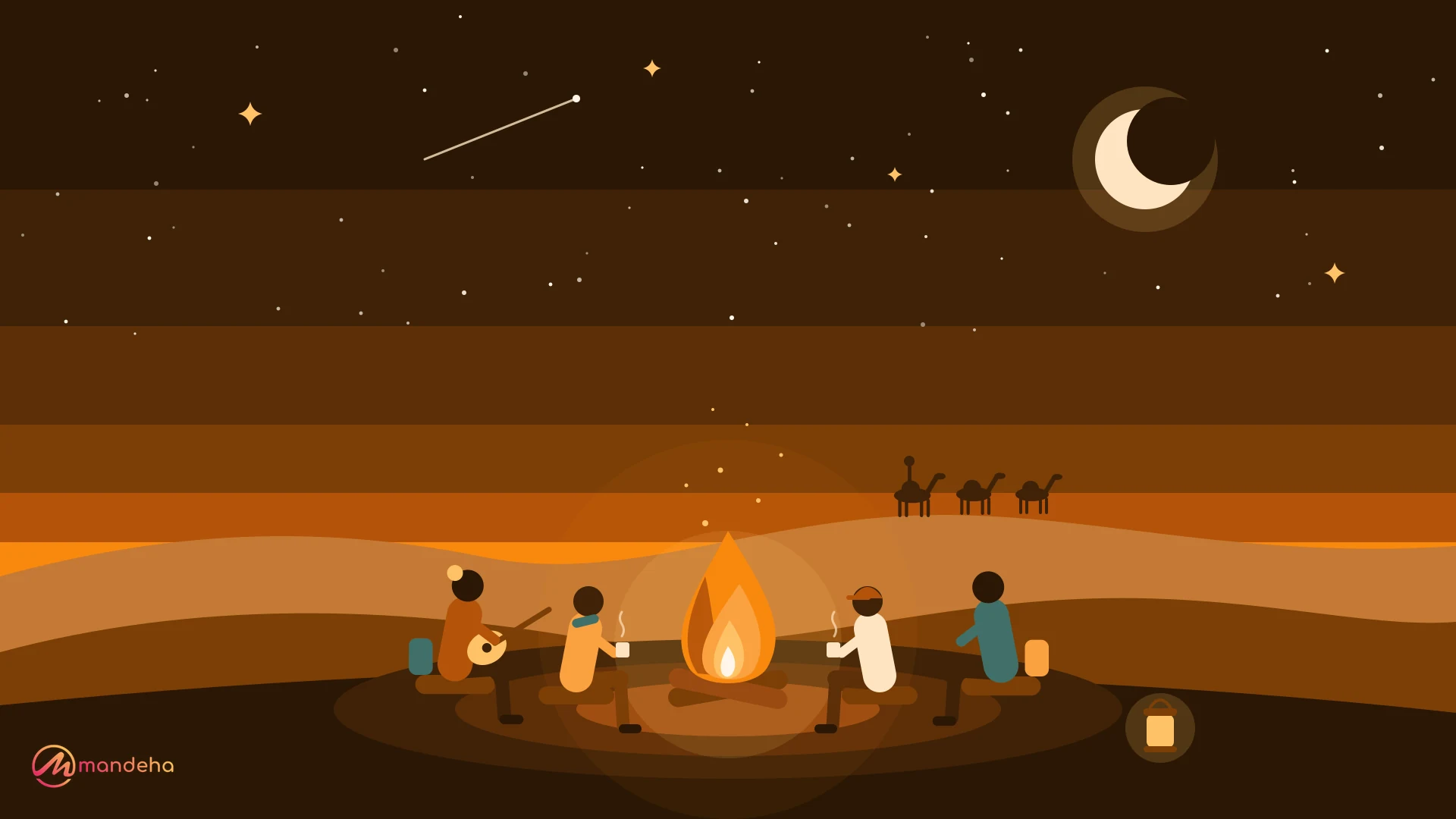Four travellers who have just met sit around a desert campfire under a starry night sky, sharing tea and music, illustrating the psychology of traveling with strangers.