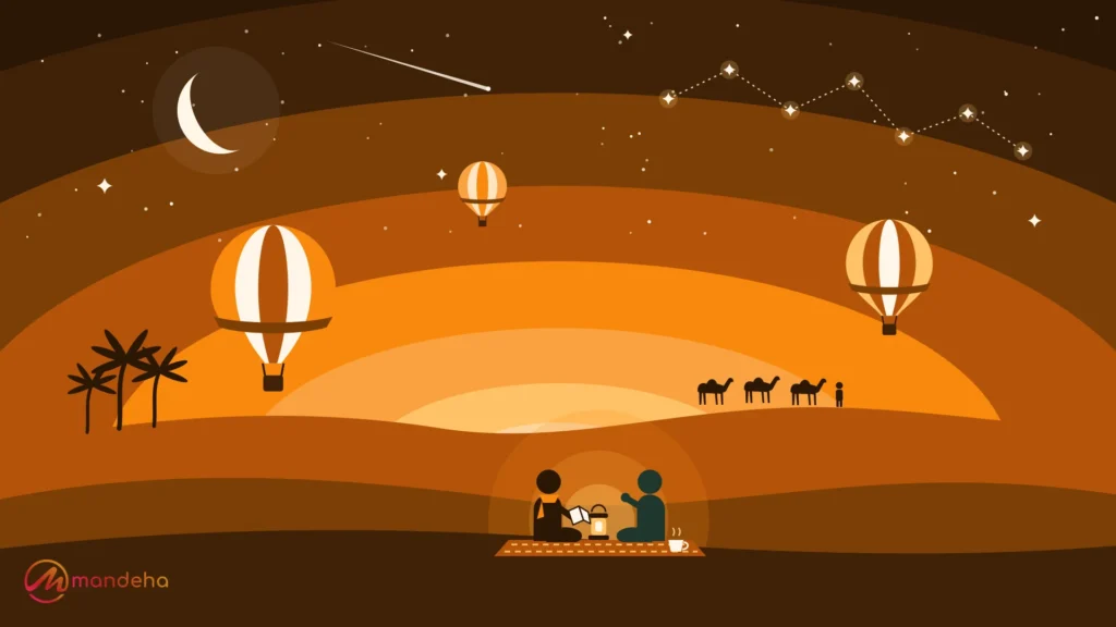 Illustration of a traveller with a journal talking with a psychologist beside a lantern in the desert at dusk, with hot air balloons, a camel caravan and a star constellation, reflecting life lessons from travel.