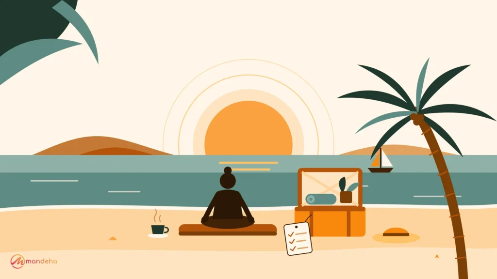 Illustrated traveller meditating on a yoga mat by the sea at sunrise, beside an open suitcase with a ticked checklist, showing how to plan a wellness trip.