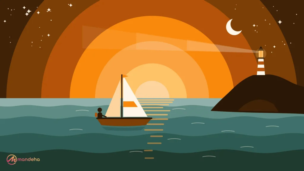 A solo traveller steers a small sailboat across calm water at dusk, with a lighthouse shining from a rocky headland under a crescent moon and stars.