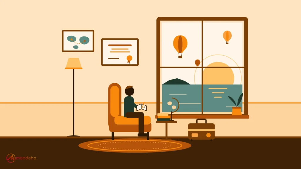 Illustration of a travel psychologist in an armchair writing in a notebook beside a window with hot air balloons over the sea, next to a globe, books and a suitcase.