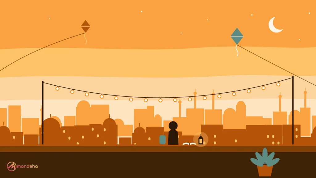 A traveller sits on a rooftop ledge at dusk with a journal and a glowing lantern, looking over an old town skyline with string lights, kites and a crescent moon, a quiet scene for mindful travel tips.