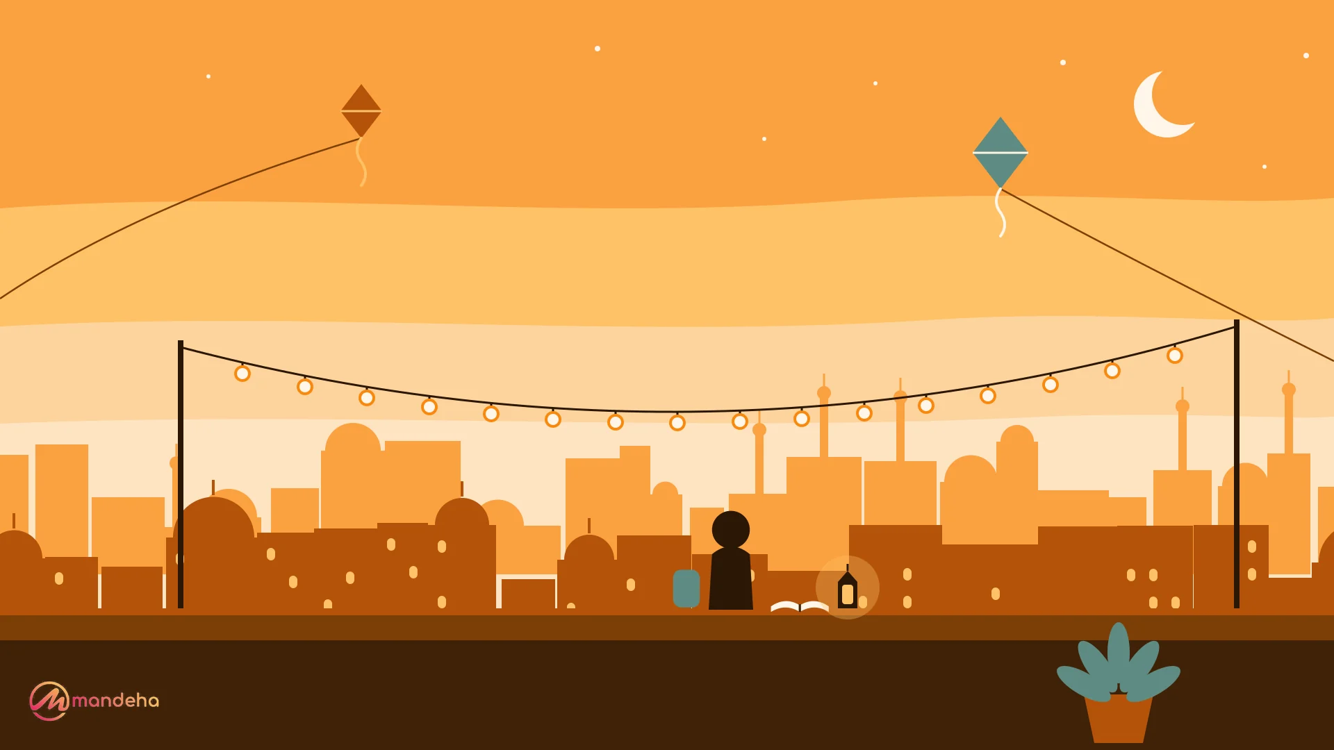 A traveller sits on a rooftop ledge at dusk with a journal and a glowing lantern, looking over an old town skyline with string lights, kites and a crescent moon, a quiet scene for mindful travel tips.