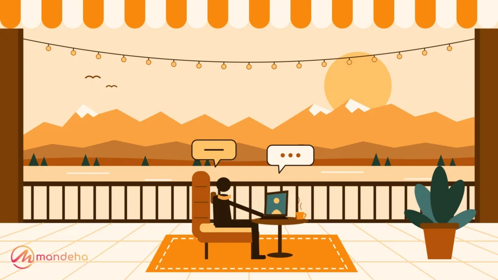 Illustration of a traveller sitting on a hotel balcony with a mountain and lake view, attending an online therapy session on a laptop.