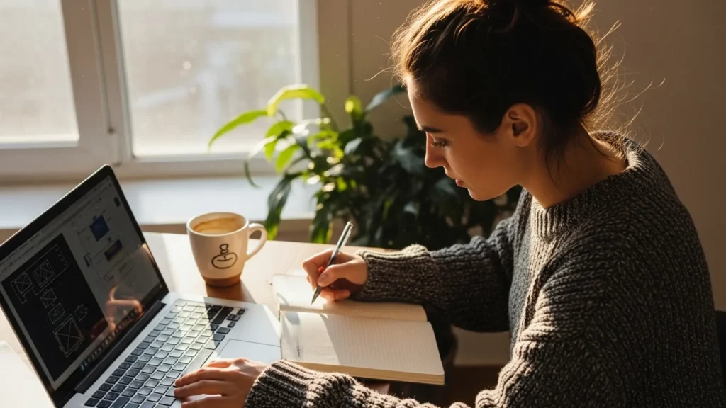 Woman writing in a notebook at her desk, working through worries before a trip