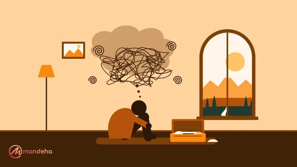 Illustration of a person sitting on the floor at home hugging their knees beside a half-packed suitcase, overwhelmed by a tangle of negative thoughts before travelling, with calm mountains visible through the window.