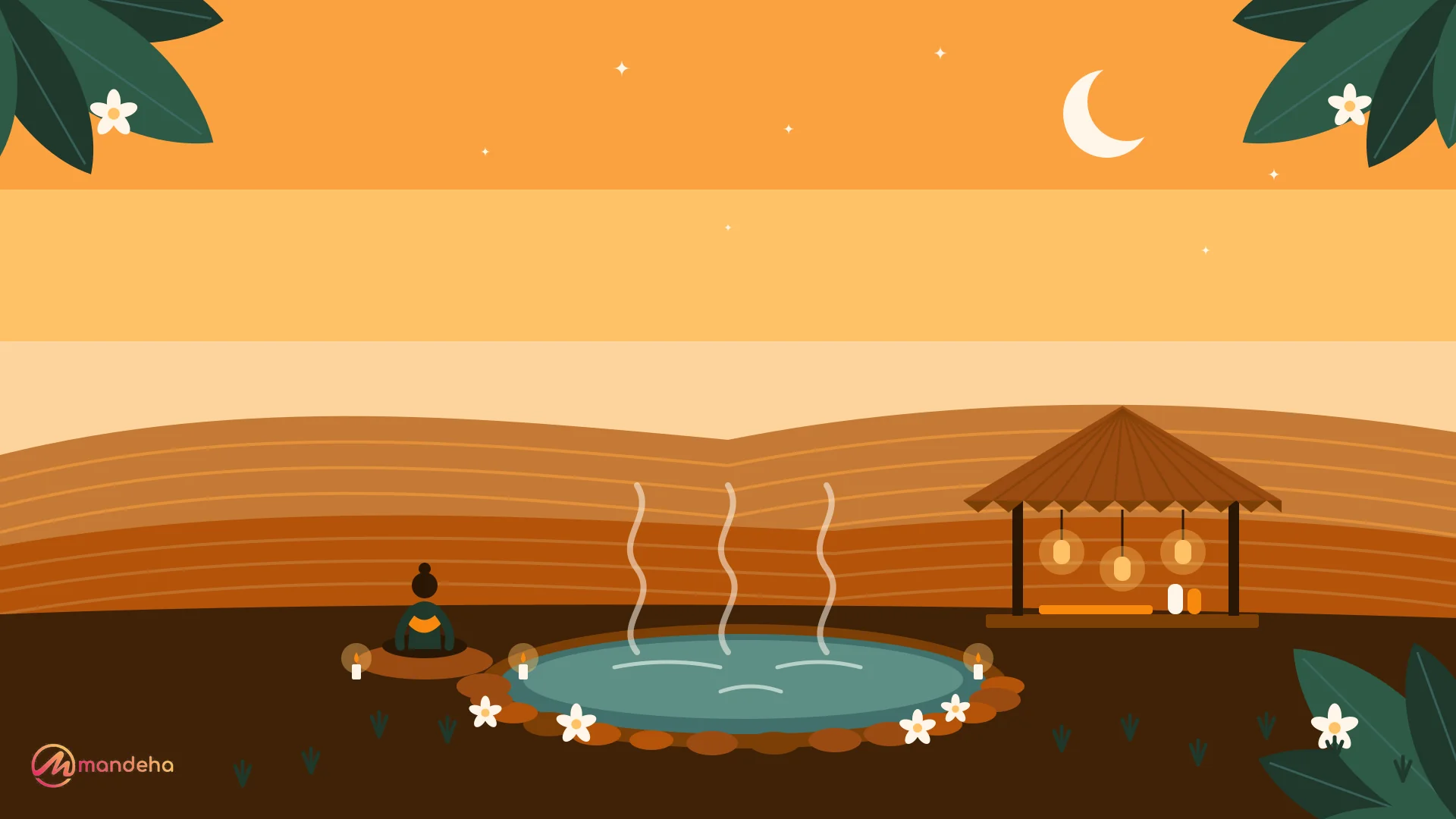 Illustration of a traveller meditating beside a steaming natural hot spring at dusk, near a thatched yoga pavilion with glowing lanterns, a calm picture of wellness travel.