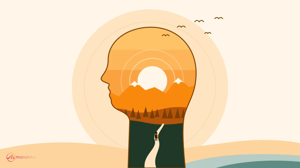 Illustration of a head in profile filled with a sunrise, mountains and a winding path with a traveller, showing how travel affects mental health.