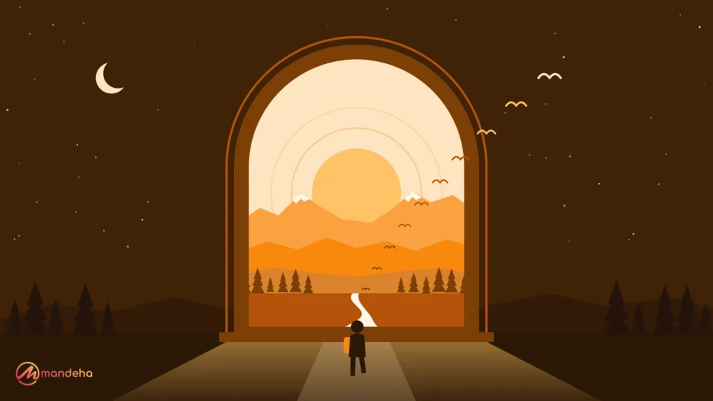 Illustration of a traveller stepping through a glowing doorway from a starry night into a sunrise mountain landscape, with birds rising into the sky, symbolising transformative travel.