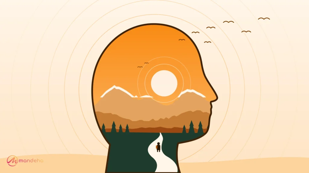 Illustration of a head in profile filled with mountains, a winding path and a small traveller, with birds flying out into an open sky, showing how travel broadens the mind.