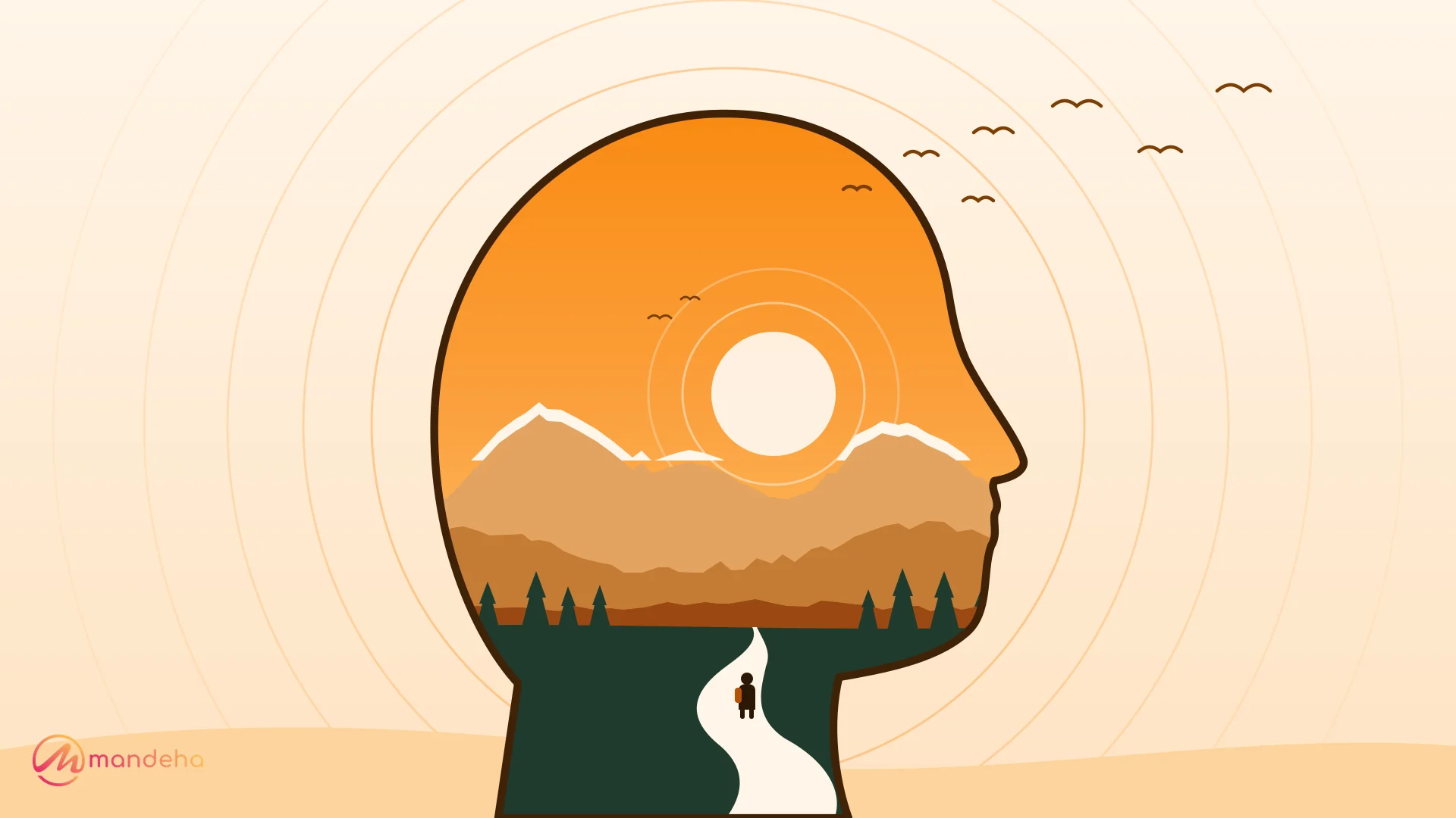 Illustration of a head in profile filled with mountains, a winding path and a small traveller, with birds flying out into an open sky, showing how travel broadens the mind.