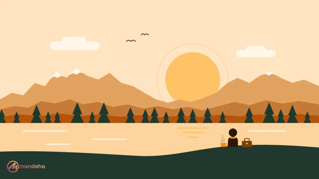 A traveller sits on a lakeside ridge with a briefcase set aside, watching the sun go down behind snow-capped mountains, a calm image for bleisure travel and mental health.