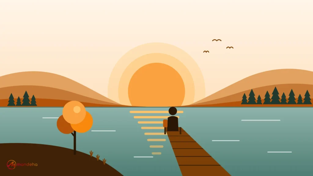 Illustration of a traveller sitting at the end of a wooden jetty, watching the sun set over a calm lake, representing travel therapy for mental health.