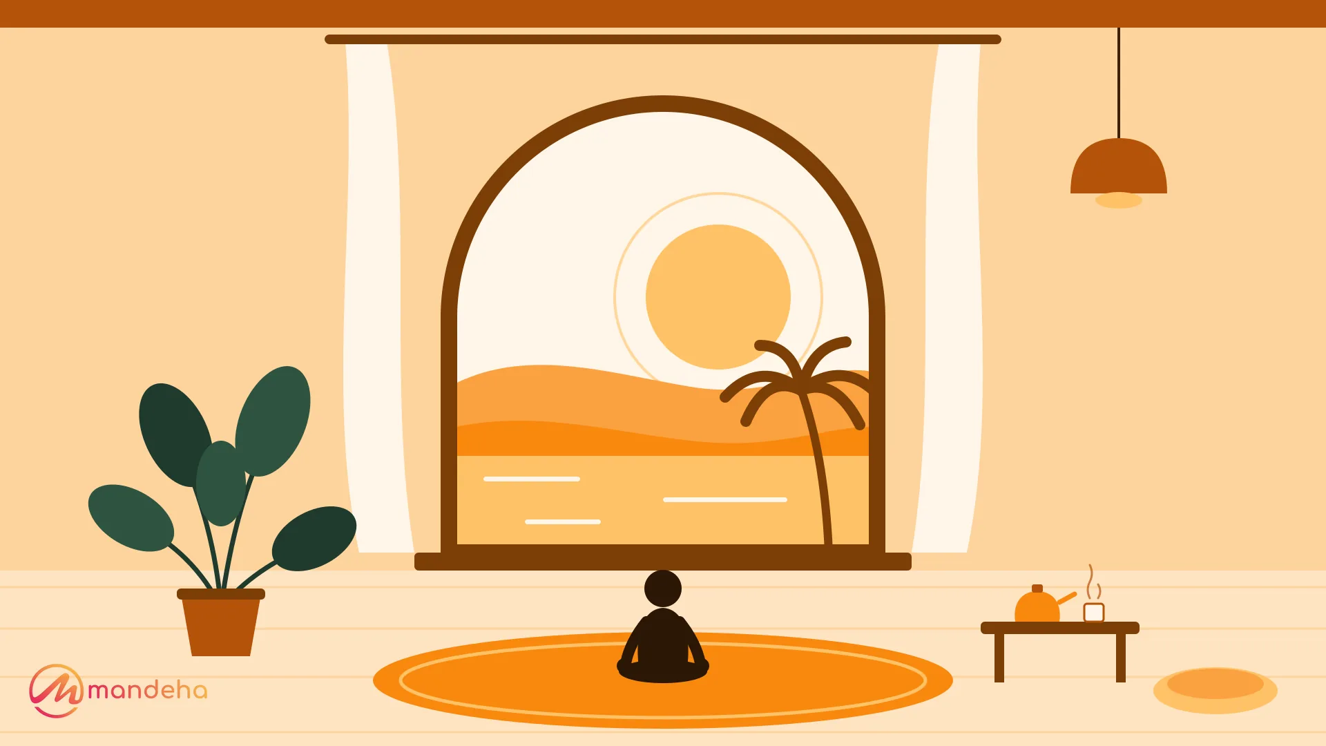 A guest meditates in a calm resort room facing an arched window with a sunset view, for a mental wellness retreat guide.