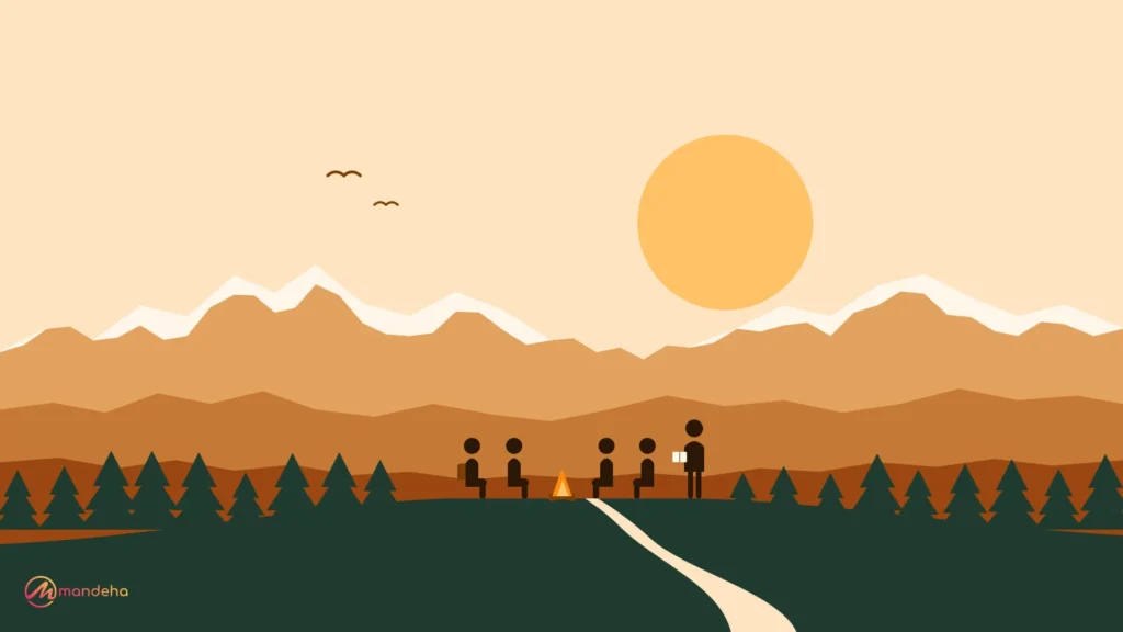 Illustration of a small team sitting around a campfire on a hilltop at sunset with a facilitator holding a notebook, a calm setting for corporate retreat planning.