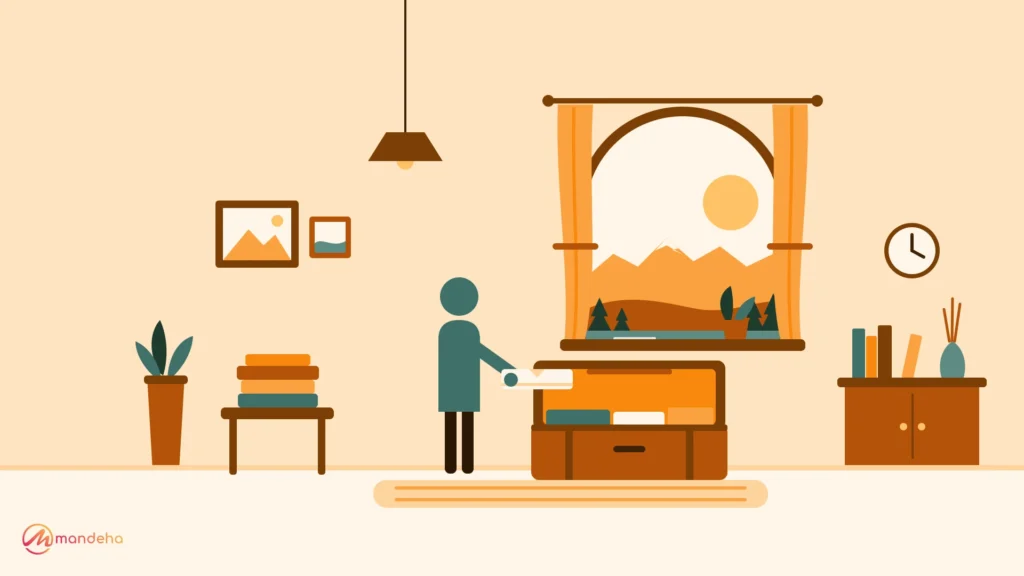 Illustration of a traveller packing folded clothes into an open suitcase in a cosy living room with curtains, framed pictures, plants and a mountain view through the window.