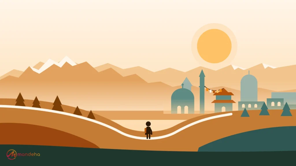 A traveller pauses in a valley between familiar hills and an unfamiliar town, a quiet image of culture shock.