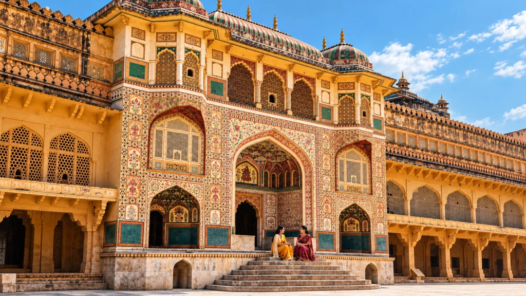 Two women talking on the steps of an ornate Indian palace, reflecting cultural connection and travel experiences