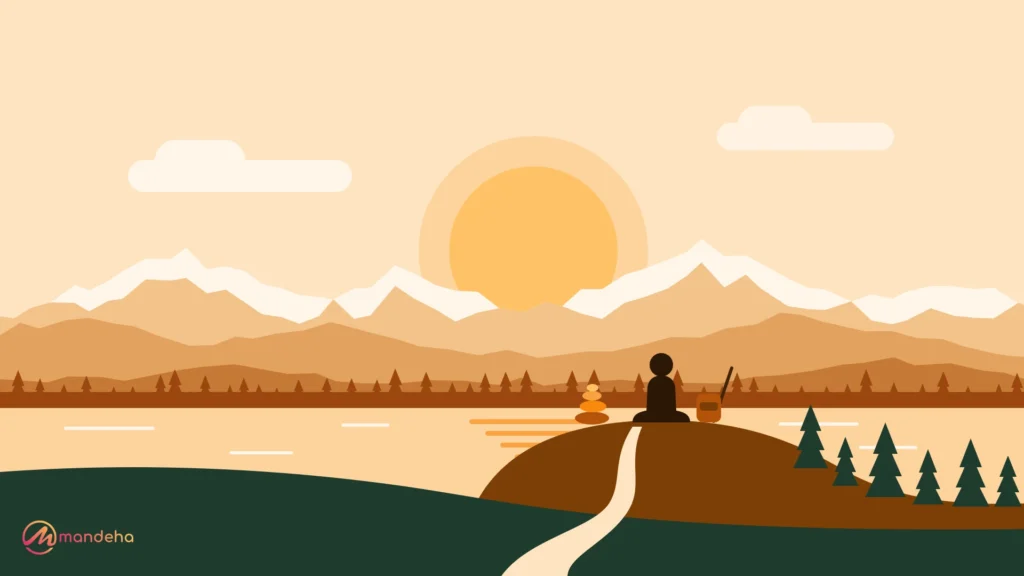 A traveller sits quietly on a hilltop beside a stone cairn and a resting backpack, looking out over a calm lake and rising sun, a reflection of mental wellness and physical effort in balance.