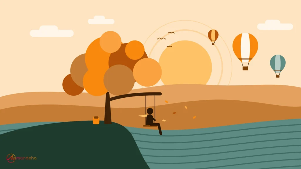 A traveller sits on a tree swing above tea terraces, watching hot air balloons rise past a warm morning sun.