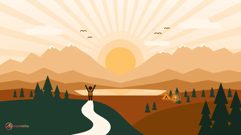 Illustration of a traveller with arms raised on a hilltop above a golden lake as the sun rises through a gap in layered mountains, with a small tent and campfire on the far shore.