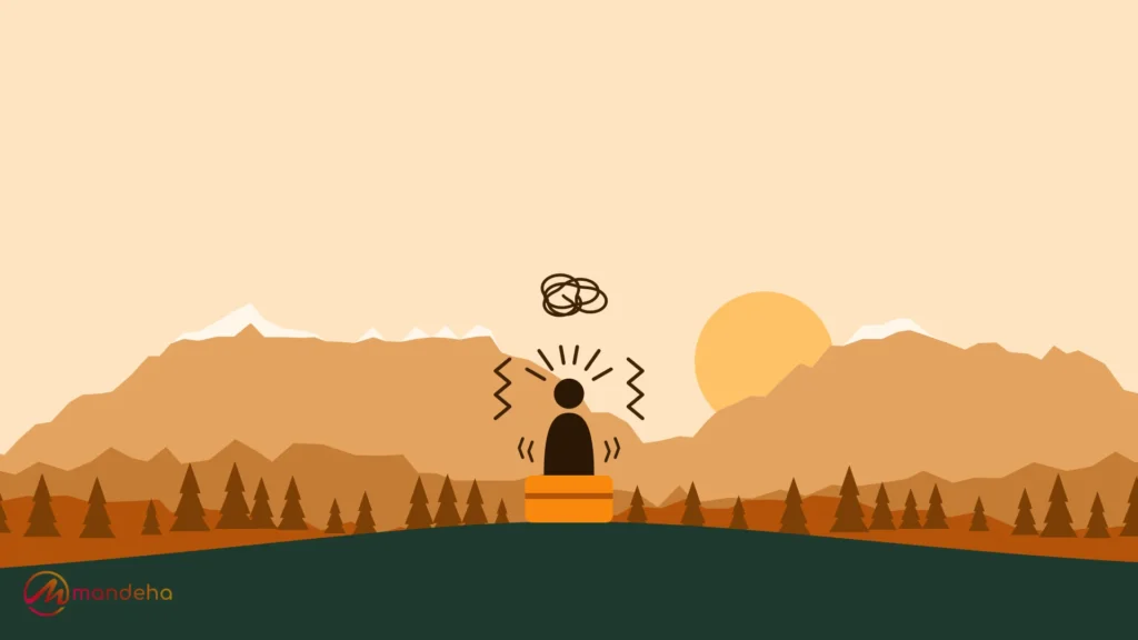 A tense traveller sits on a suitcase facing warm mountains at sunrise, with jagged stress lines and a tangled scribble around their head, a visual of travel anxiety.