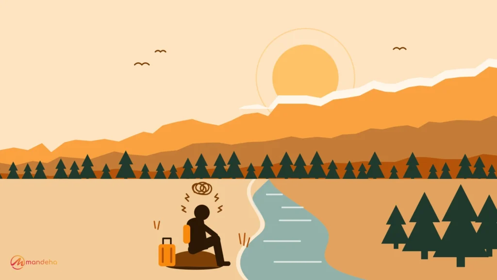 A traveller sits on a rock beside a winding mountain river at sunset, with a tangled scribble and jagged lines around his head showing travel stress.