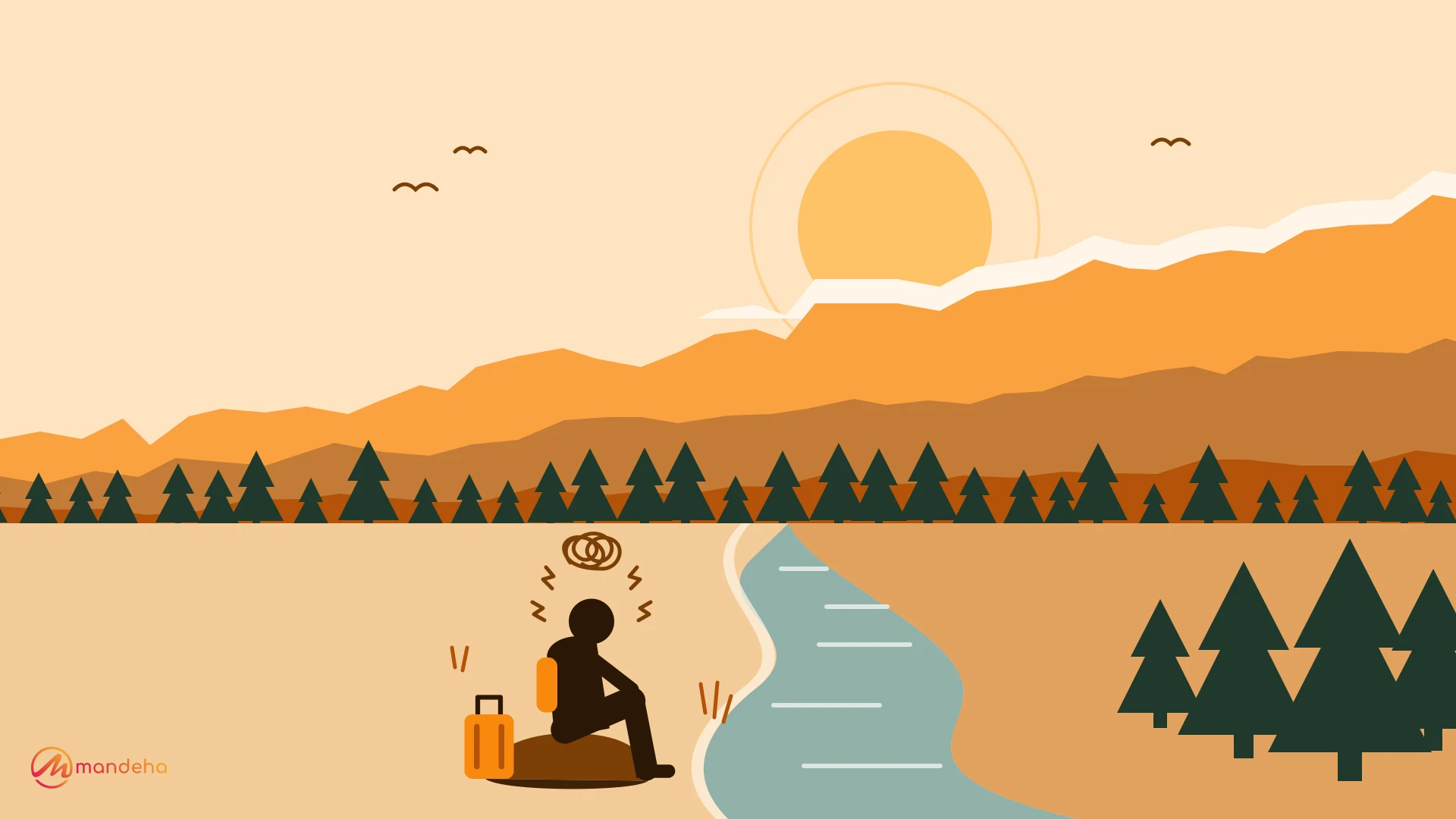 A traveller sits on a rock beside a winding mountain river at sunset, with a tangled scribble and jagged lines around his head showing travel stress.
