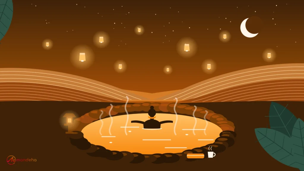 A traveller relaxes in a steaming natural hot spring at dusk, looking out over terraced hills as glowing sky lanterns rise, capturing the mood of wellness travel in 2026.