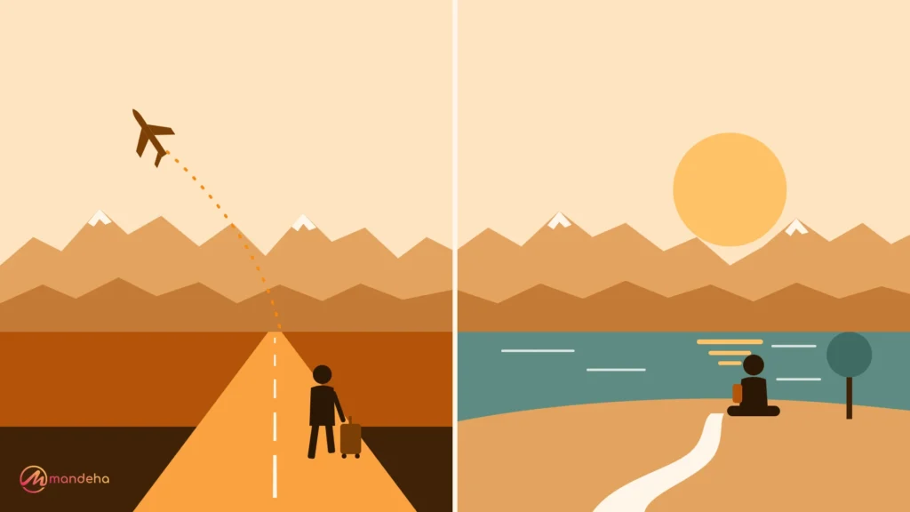 Split illustration under one mountain range, a traveller rushing down a straight road with a suitcase as a plane departs, and a traveller sitting calmly by a lake under the sun, showing escape travel vs healing travel.