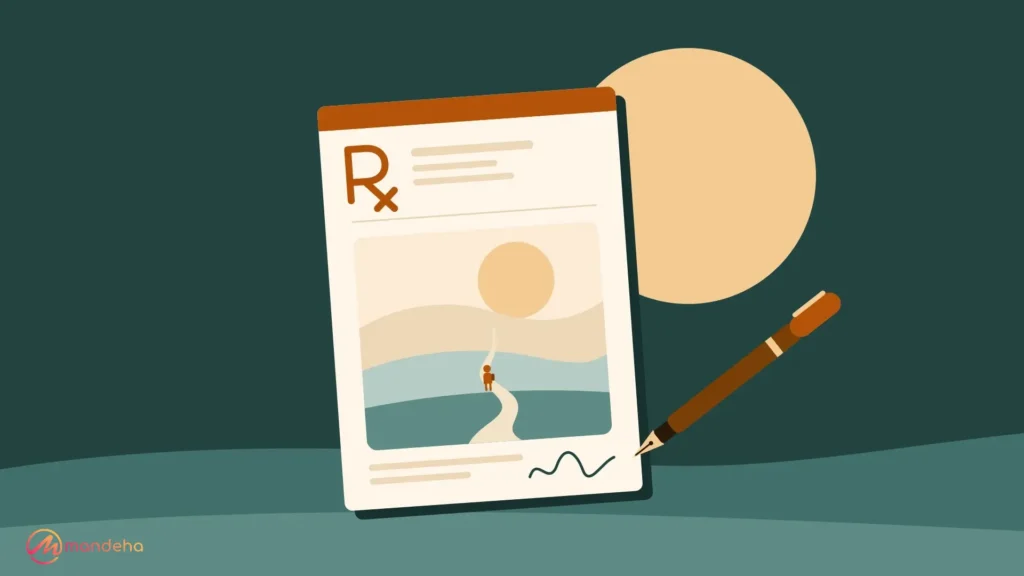 Illustration of a psychologist’s prescription pad marked Rx, showing a winding path toward the sun, with a fountain pen beside the signature.