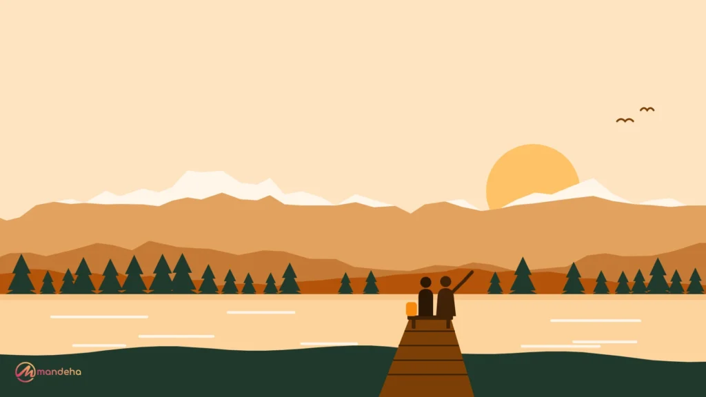 A traveller and a local guide share a quiet moment on a lakeside jetty facing snow capped mountains.
