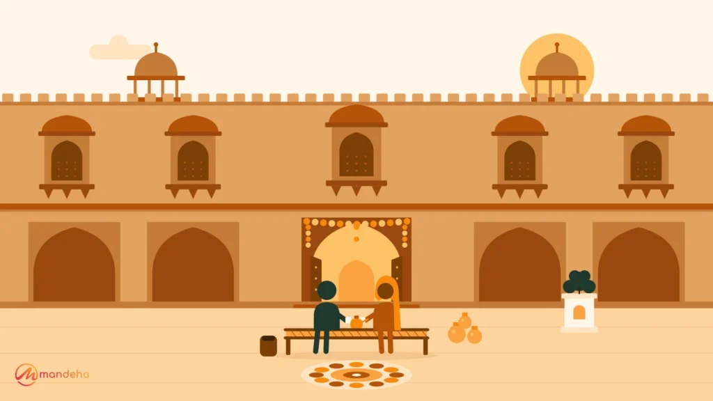 Illustration of a traveller sharing chai with a local host on a charpai in the courtyard of an old Indian haveli, a mindful take on cultural tourism.