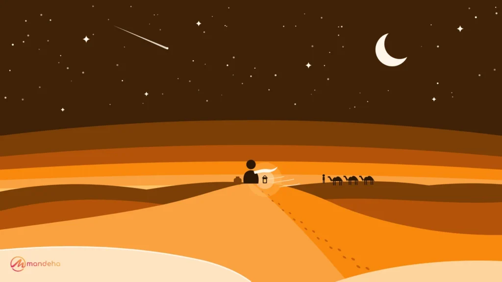 Illustration of a lone traveller sitting on a desert dune at twilight beside a glowing lantern, footprints leading up the sand beneath a starry sky and crescent moon.