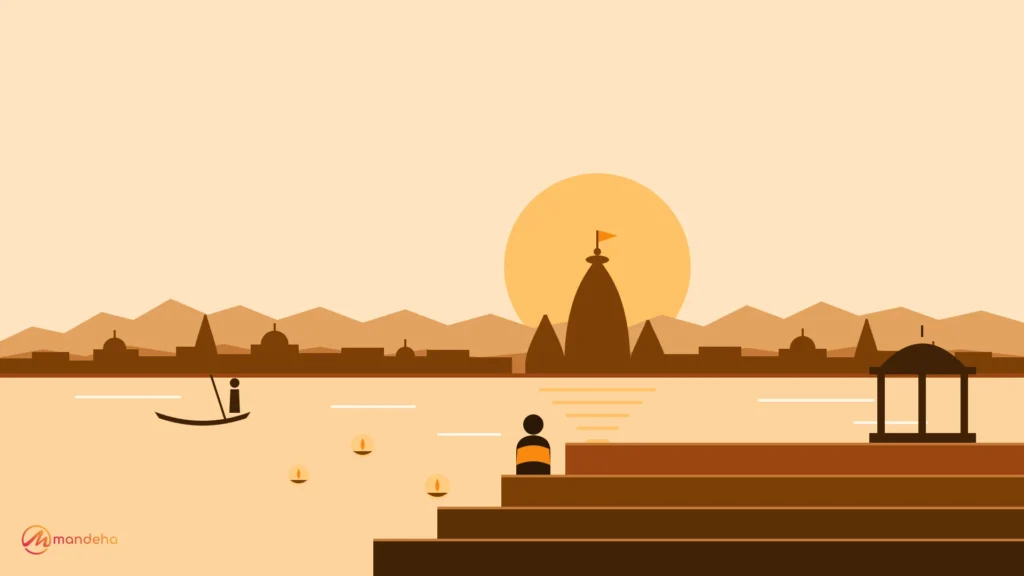 Illustration of a traveller sitting on river ghat steps at sunrise, looking across the water at a temple spire, with floating diyas and a small boat, representing India cultural tourism and intentional travel.
