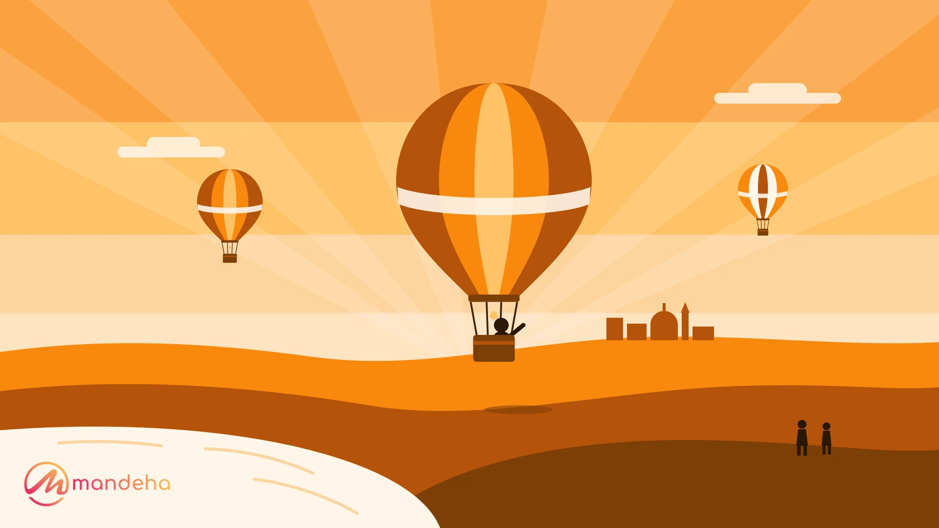 Illustration of a traveller in a hot air balloon pointing toward the horizon over layered desert dunes at sunrise, capturing the spirit of intentional travel.