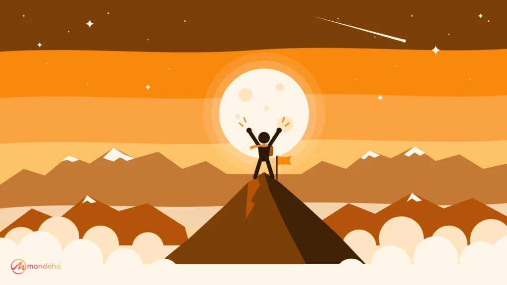 Flat illustration of an excited travel founder with arms raised on a mountain summit under a full moon and stars, above a sea of clouds.