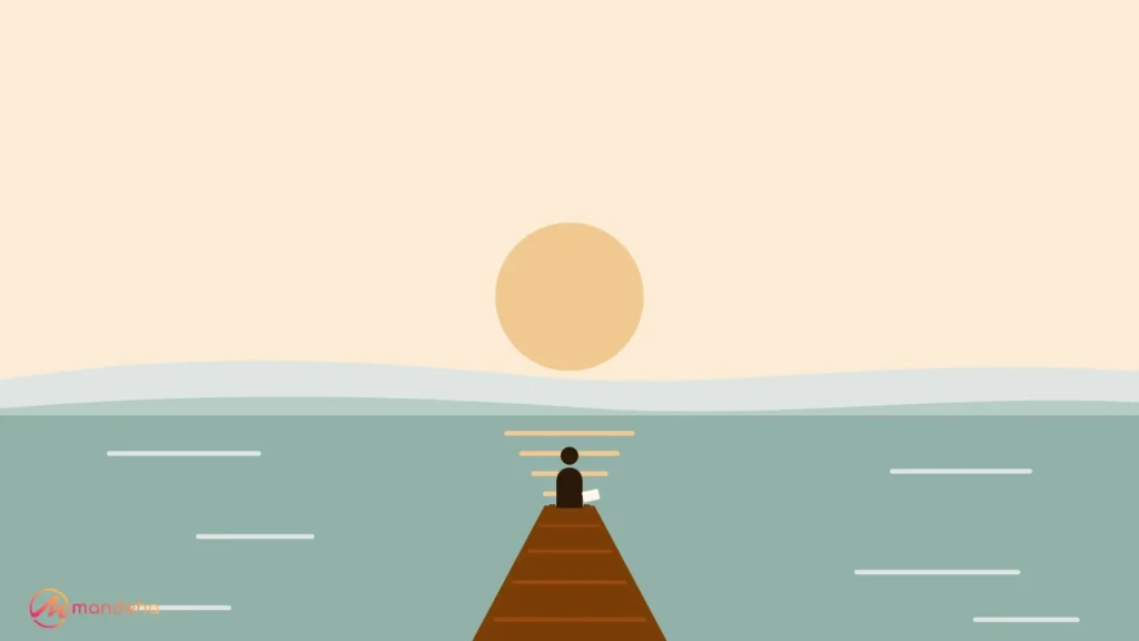 Illustration of a traveller sitting with a journal at the end of a wooden jetty, looking across a calm lake toward soft hills and the sun.
