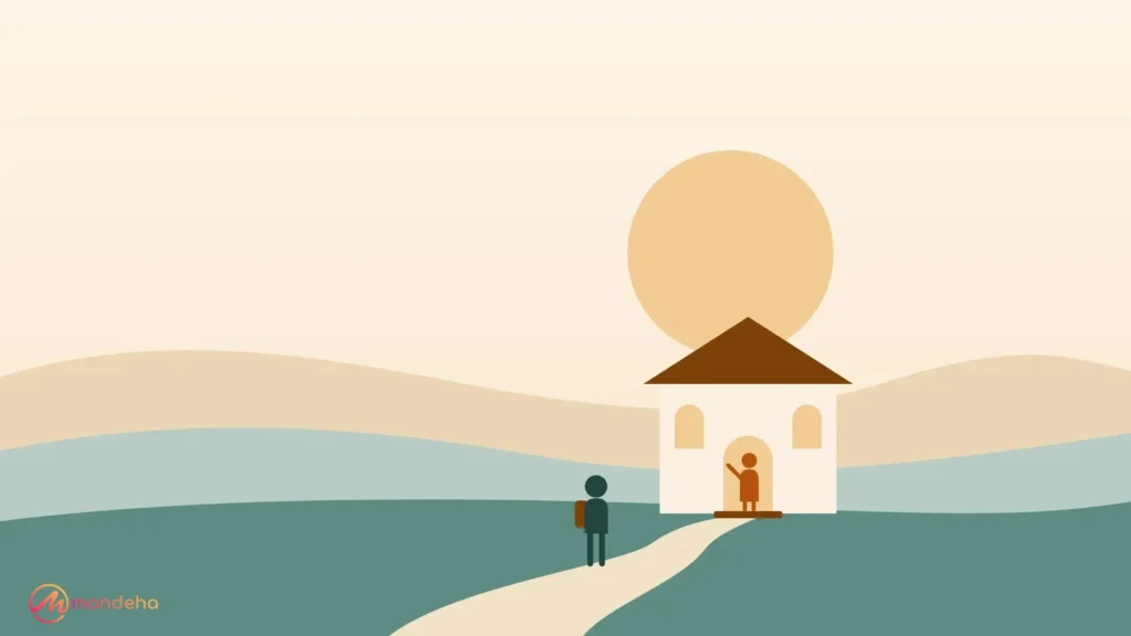Illustration of a traveller walking up a winding path to a guesthouse, where a host waits in a warmly lit doorway, showing the benefits of hospitality psychology.