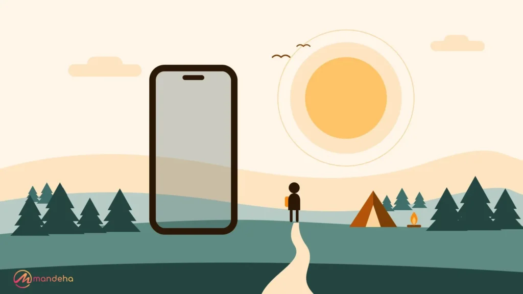 A large phone outline frames a dimmed slice of sage hills while a traveller beside it looks out at a golden sun, with a tent, a small campfire and pine trees nearby.