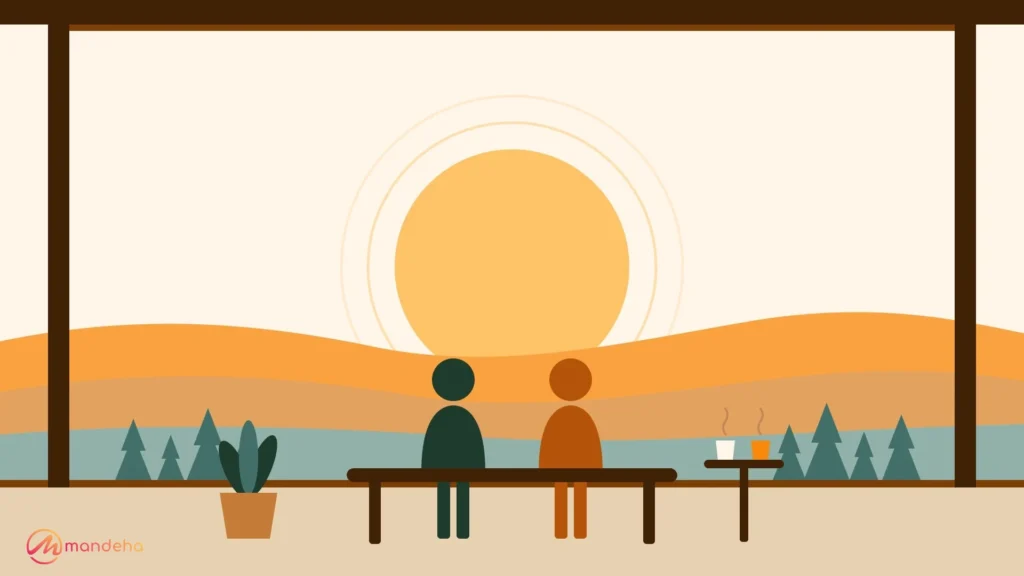 Illustration of two people sitting side by side on a hotel terrace bench, facing a large sun over layered hills, with tea on a small table beside them.