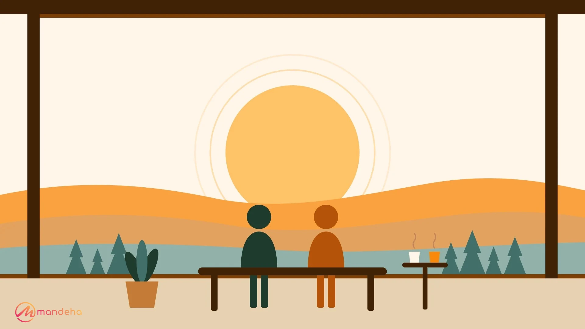 Illustration of two people sitting side by side on a hotel terrace bench, facing a large sun over layered hills, with tea on a small table beside them.